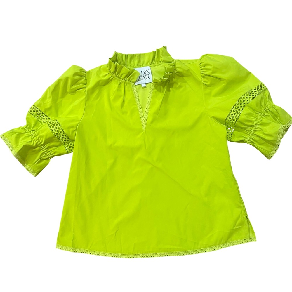 Alden Adair Lime Green Ruffle Neck Puff Sleeve Eyelet Blouse Size M
